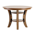 Ronde houten tafel met opbergrekken en moderne steunbeugels.
