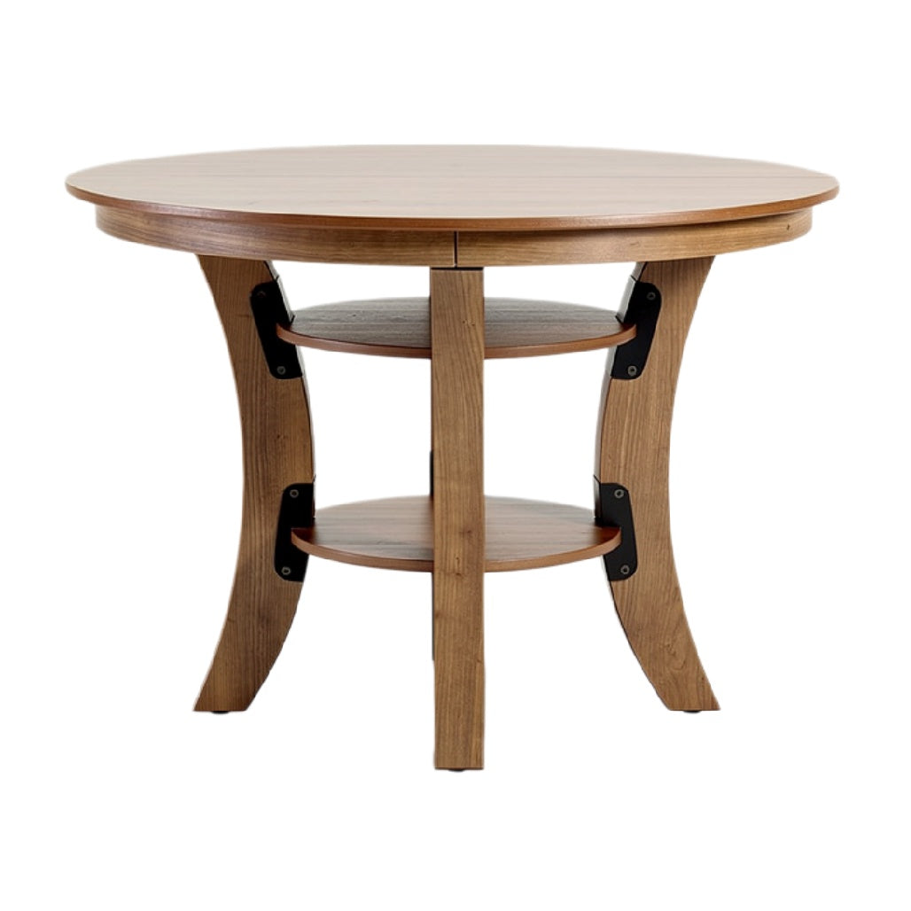 Ronde houten tafel met opbergrekken en moderne steunbeugels.