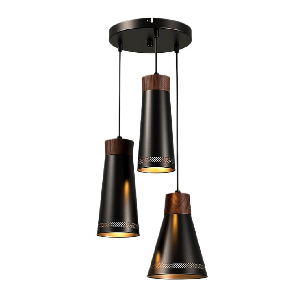 Drievoudige Hanglamp met Zwarte Kappen en Houten Accenten