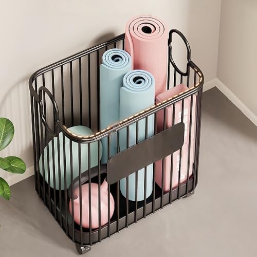 Rolling Yoga Mat Storage Bin, Large Capacity Home Fitness Equipment Organizer with Wheels, Metal Frame Sports Gear Rack for Foam Rollers, Dumbbells, and Rackets(White)