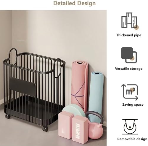 Rolling Yoga Mat Storage Bin, Large Capacity Home Fitness Equipment Organizer with Wheels, Metal Frame Sports Gear Rack for Foam Rollers, Dumbbells, and Rackets(White)