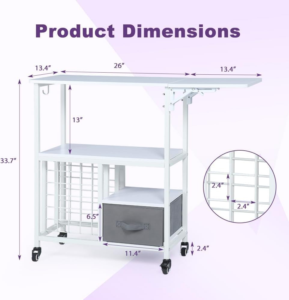Kokorona Rolling Craft Cart with Storage Drawers & Folding Shelves, Mobile Craft Table Organizer, Holds 30 Vinyl Roll Holders and Scrapbooking Supplies, Craft Storage Cart for Craft Room