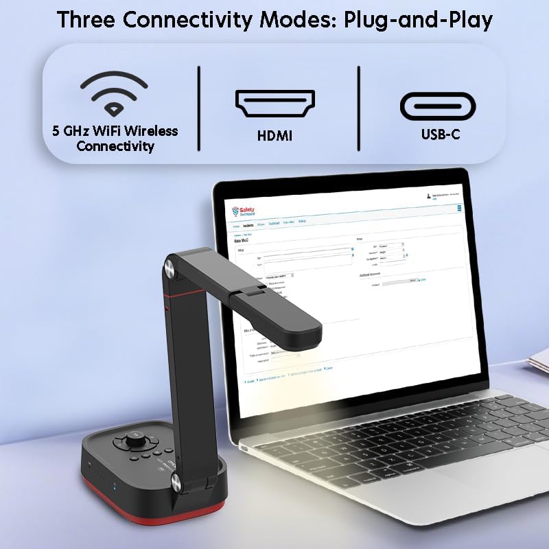 QPC100W Wireless 4K UHD Document Camera, WiFi/HDMI/USB Plug & Play, Compatible Mac OS, Windows, Chromebook Compatible for Live Demo,Web Meeting and Document Scanning