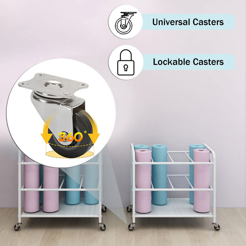 Home Gym Yoga Mat Rack - Rolling Foam Roller Storage Cart with Lockable Wheels, Metal Stand for Exercise Mats & Runner Rugs, Black, 31.5"X19.6"X27.5",Black,31.5x19.6x27.5in