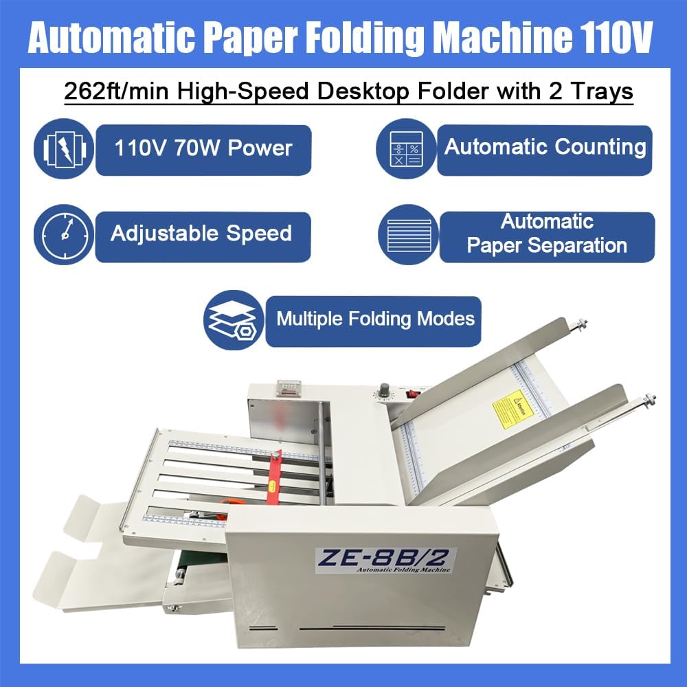 Automatic Paper Folding Machine 2-Tray Desktop Document Letter Folder with Counter & Speed Control for A4/Letter Manuals, Brochures, Cards up to 12" x 27" (40-125g Paper) Commercial Use