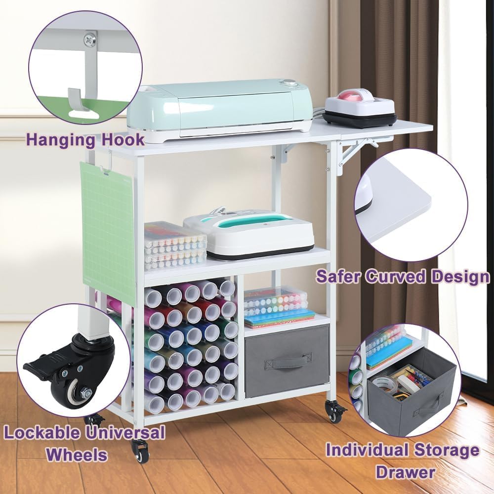 Kokorona Rolling Craft Cart with Storage Drawers & Folding Shelves, Mobile Craft Table Organizer, Holds 30 Vinyl Roll Holders and Scrapbooking Supplies, Craft Storage Cart for Craft Room