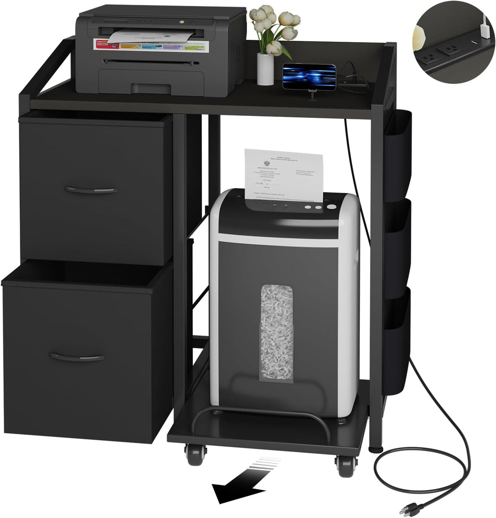 Printer Stand with Storage, Lateral Office Filing Cabinets with Power outlets & USB Charging Port, File Cabinet with Large Printer Stands for Home Office, Shredder Stand Rack (Black)