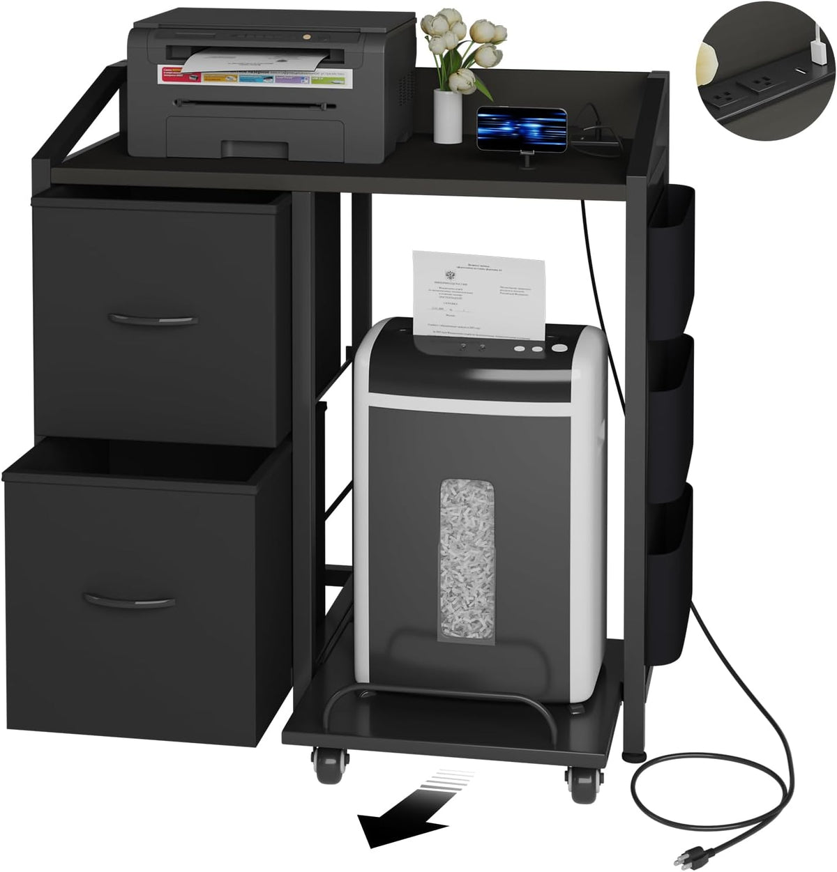 Printer Stand with Storage, Lateral Office Filing Cabinets with Power outlets & USB Charging Port, File Cabinet with Large Printer Stands for Home Office, Shredder Stand Rack (Black)