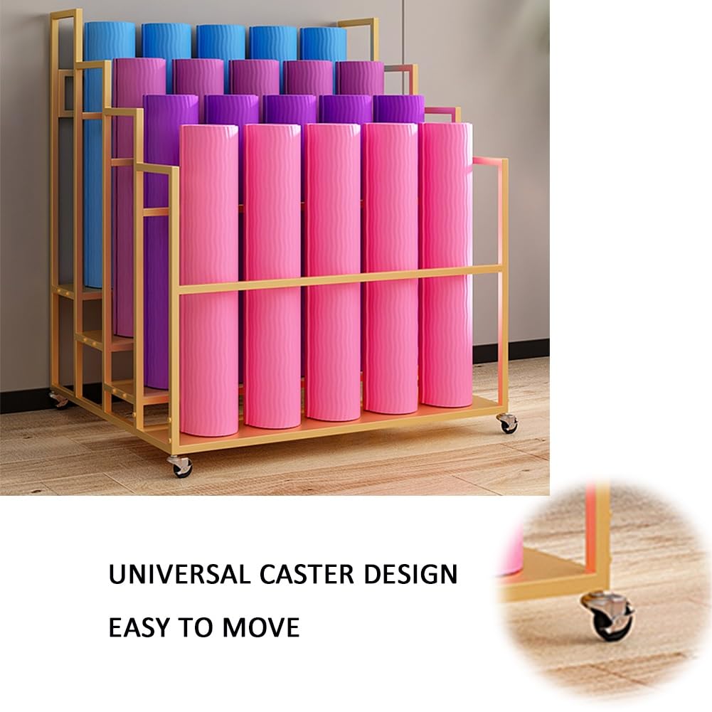 Yoga Mat Holder Basket, Large Yoga Mat Storage Cart with Wheels, Yoga Mat Rack Foam Rollers Organizer, Commercial Rack for Yoga Mat Foam Roller Storage for Gym/Yoga Studio Hold 30 Exercise Mats(Black,