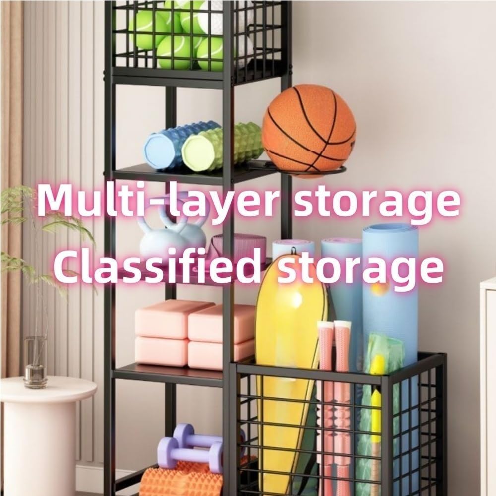 Yoga Mat Storage Basket, Dumbbell Storage Rack with Metal Frame, Equipment Rack with Universal Wheels, Multi-layer Storage Cart for Gym, Living Room