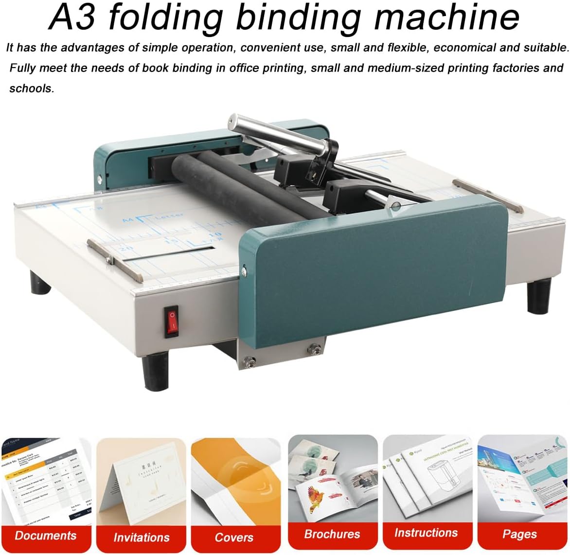 Manual Paper Booklet A3 Binding Folding Machine Automatic Folding Machine 60W Paper Stapling Making Book Stapler 110V Pamphlet A3 Paper Bookbinding for Printing Factory School Office