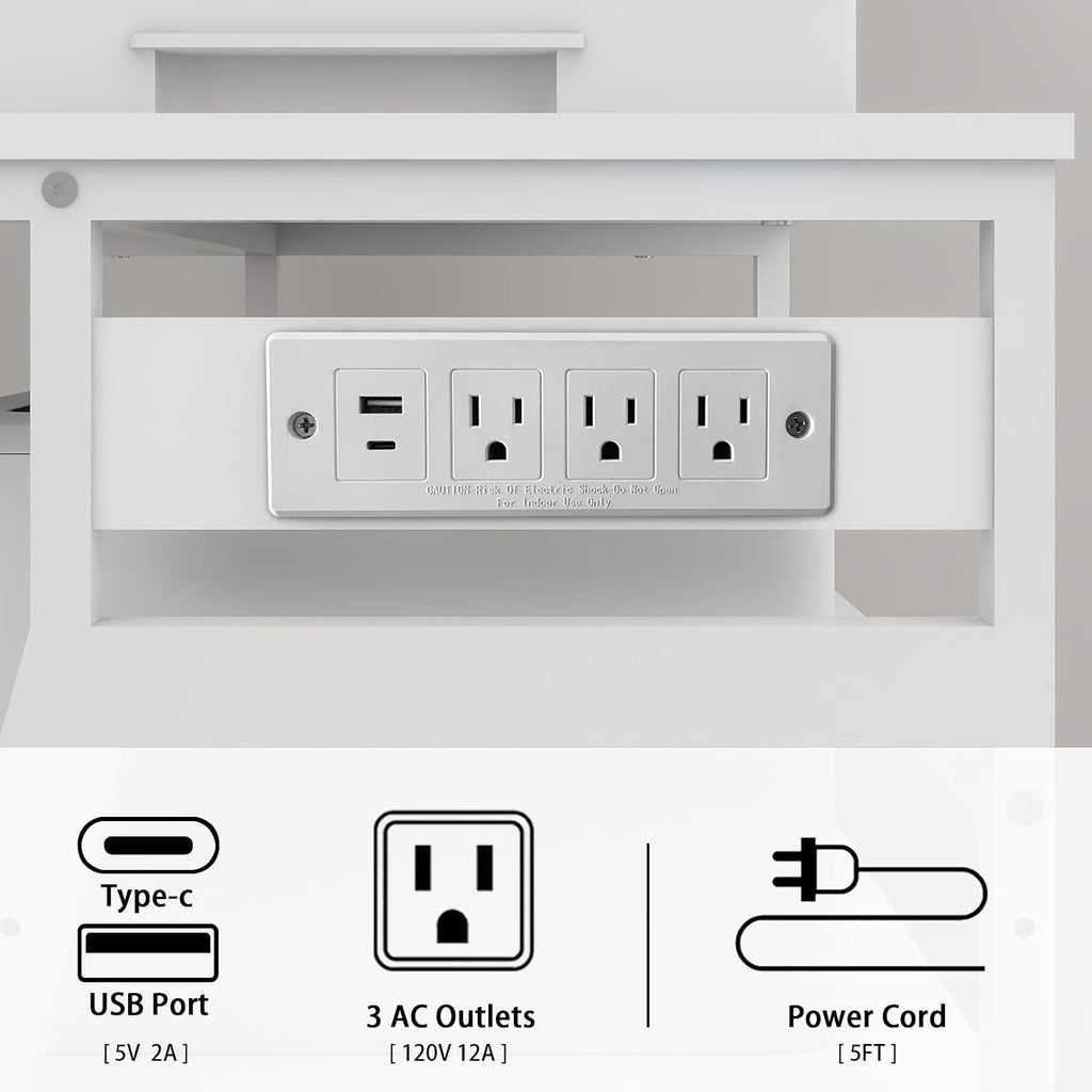 Natwind 3 Tier Large Printer Stand, 24"x20", with Charging Station,White