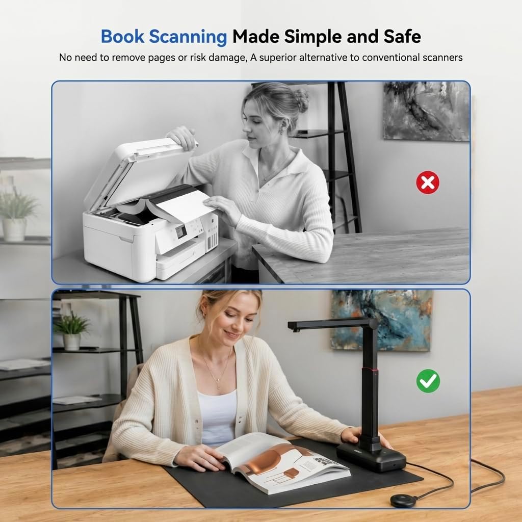 Book Scanner & Document Scanner, 26 MP Super Large Format A3-A2 Document Camera with Auto-Flatten & Fingerprint Removal, 600 DPI OCR, AI-Powered Gemini Integration, Lightweight Foldable, for Win/Mac