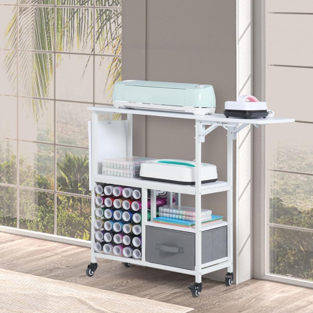 Kokorona Rolling Craft Cart with Storage Drawers & Folding Shelves, Mobile Craft Table Organizer, Holds 30 Vinyl Roll Holders and Scrapbooking Supplies, Craft Storage Cart for Craft Room