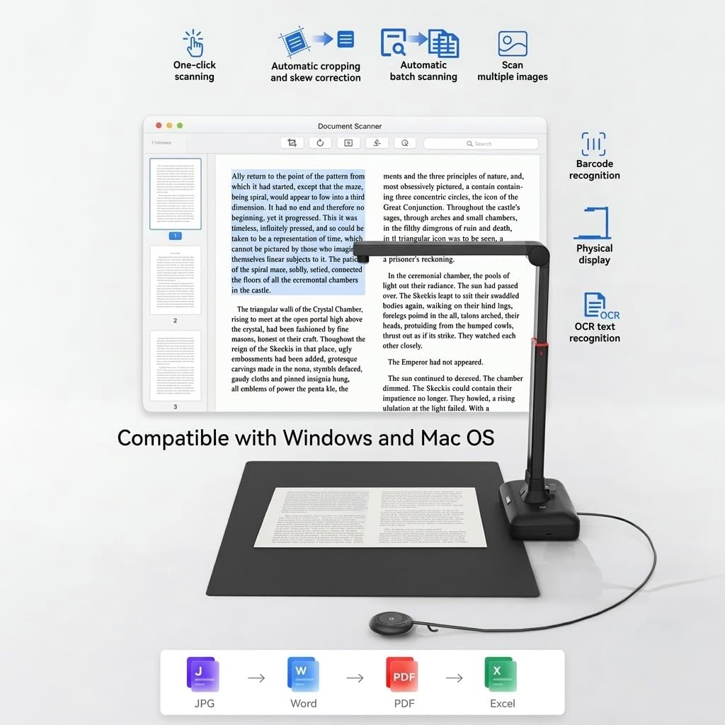 Book Scanner & Document Scanner, 26 MP Super Large Format A3-A2 Document Camera with Auto-Flatten & Fingerprint Removal, 600 DPI OCR, AI-Powered Gemini Integration, Lightweight Foldable, for Win/Mac