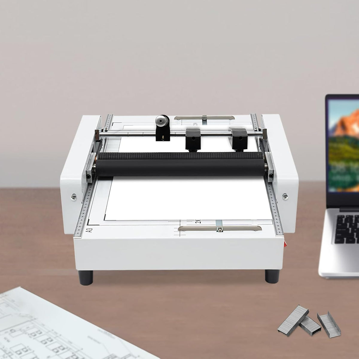 A3 Booklet Folding Binding Machine, 110V 60W Pamphlet Folding Binding Aircraft Leaflet Folder Multifunctional Maker Stapling Machines Office Modern Beige Book Production Machine for Office Documents