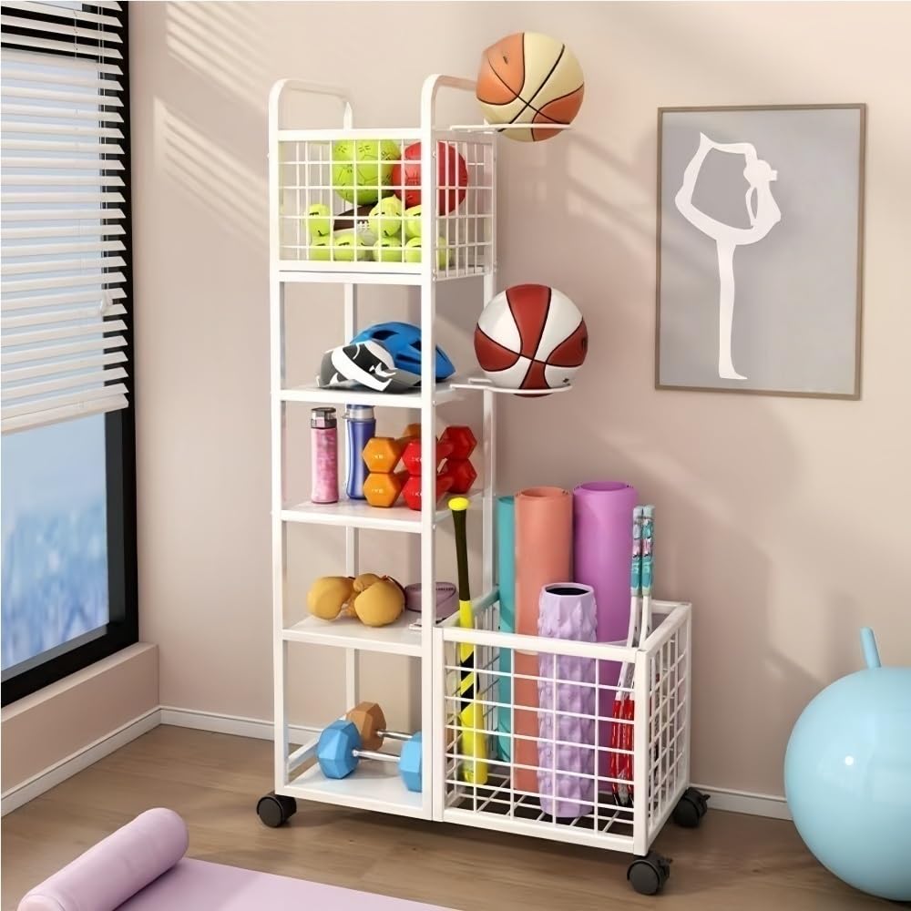 Yoga Mat Storage Basket, Dumbbell Storage Rack with Metal Frame, Equipment Rack with Universal Wheels, Multi-layer Storage Cart for Gym, Living Room