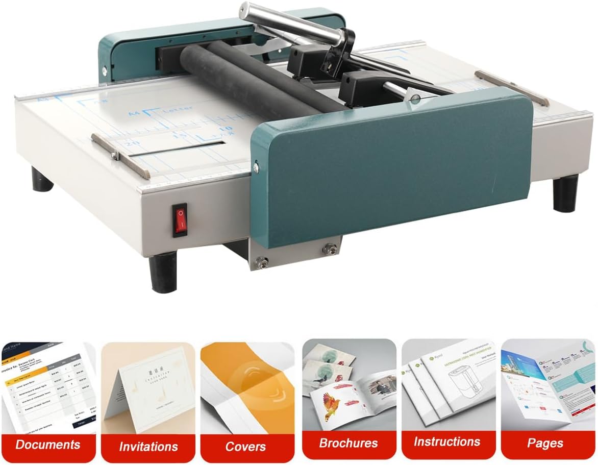 A3 Booklet Maker Folding and Stapling Machine, 110V Electric Saddle Stitch Book Binding Press, Automatic Creaser for Manuals Brochures Catalogs, Paper Folder Stapler Combo for Office School