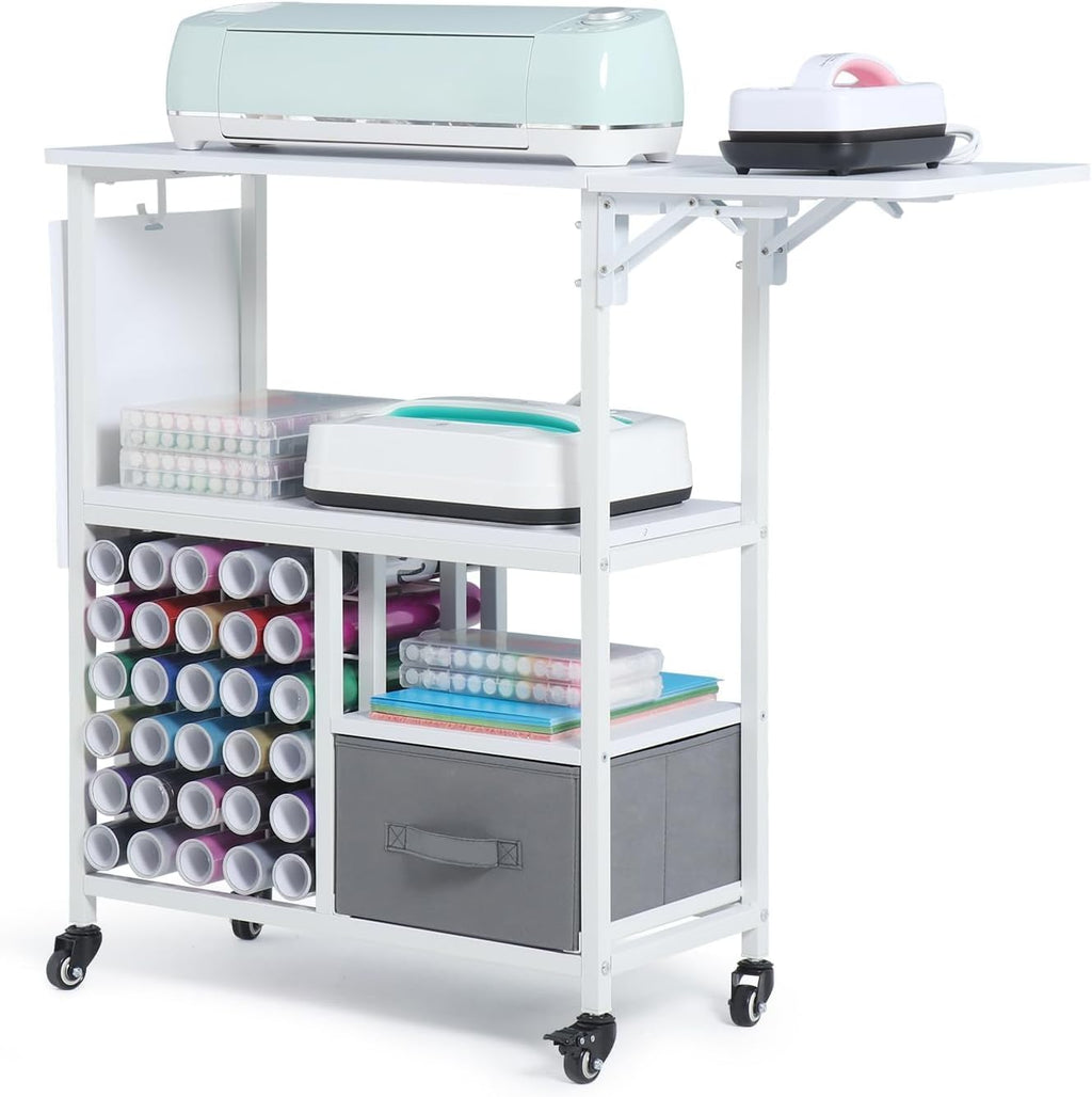 Kokorona Rolling Craft Cart with Storage Drawers & Folding Shelves, Mobile Craft Table Organizer, Holds 30 Vinyl Roll Holders and Scrapbooking Supplies, Craft Storage Cart for Craft Room