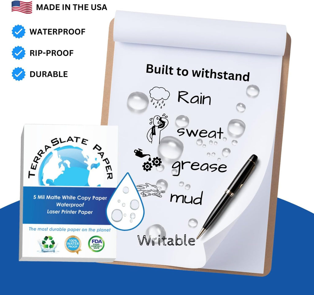 TerraSlate Premium Waterproof Paper, 5 Mil 8.5â x 11â, Laser Printer & Copy Machine Compatible, Durable & Rain/Weather-Proof Copy Paper, White Paper (100 Sheets)
