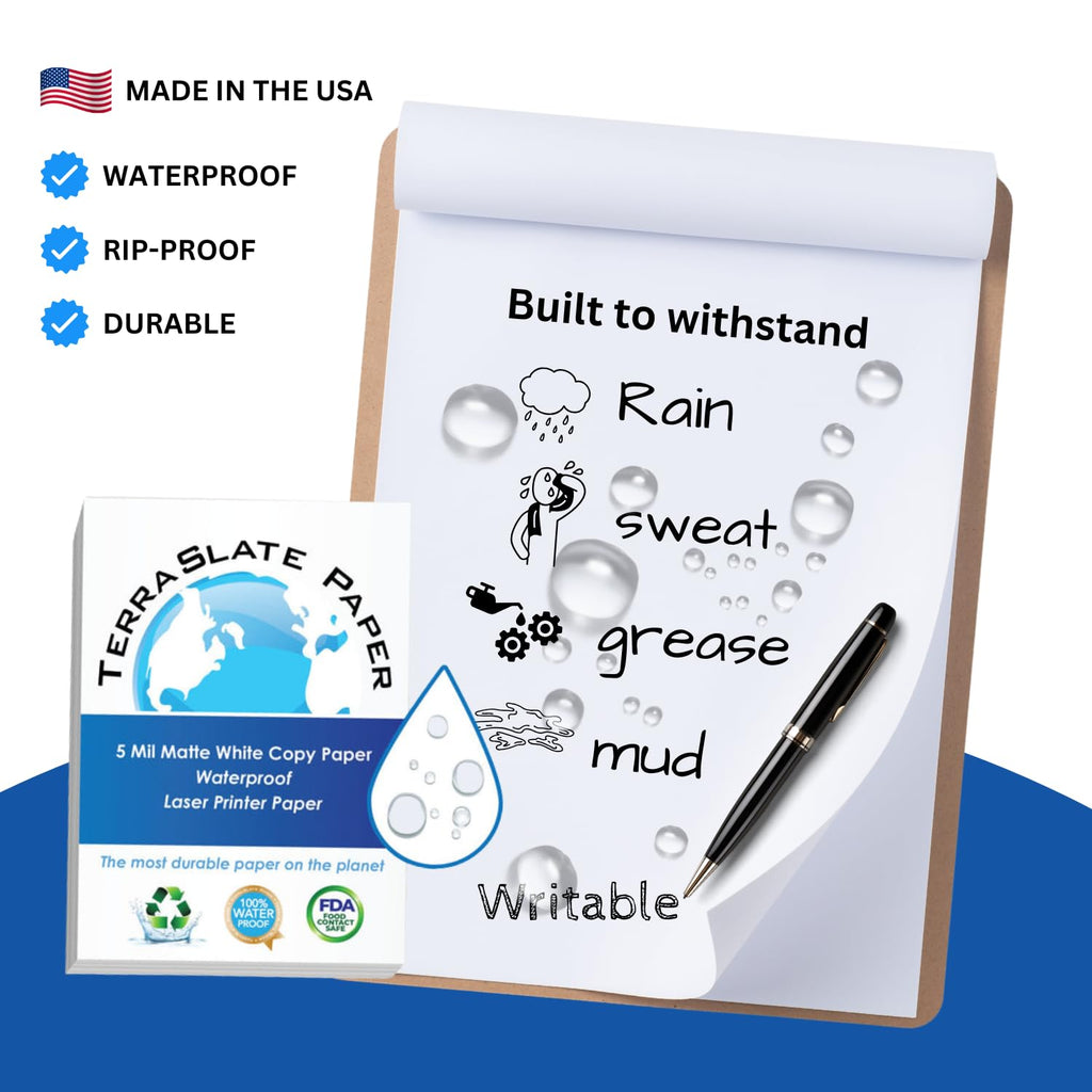 TerraSlate Premium Waterproof Paper, 5 Mil 8.5â x 11â, Laser Printer & Copy Machine Compatible, Durable & Rain/Weather-Proof Copy Paper, White Paper (100 Sheets)