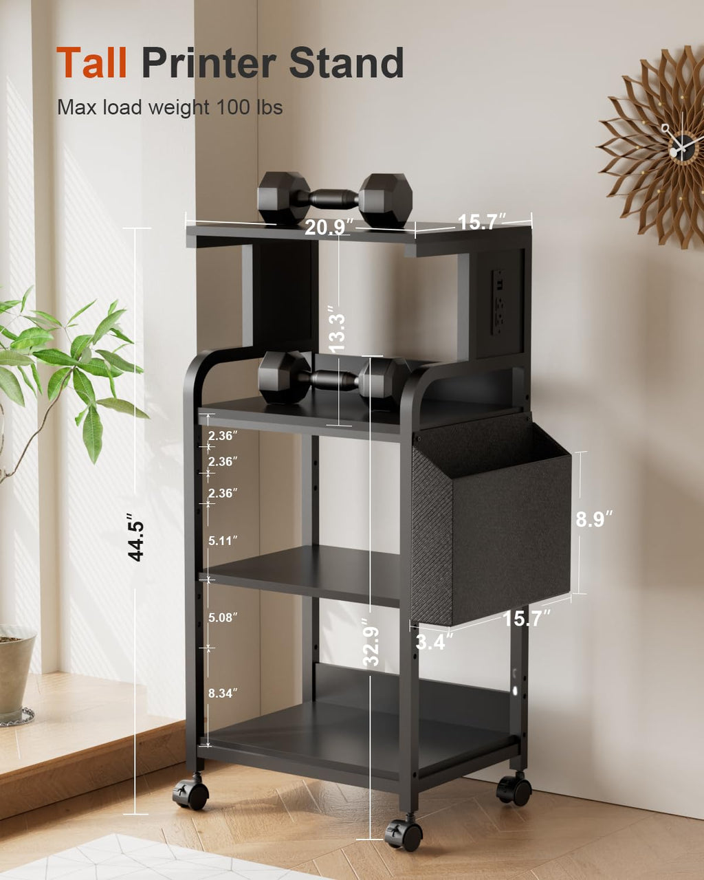 Tall Printer Stand with Charging Station, 4-Tier Mobile Cart, White