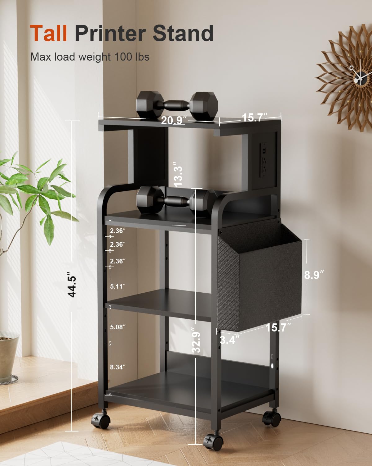 Tall Printer Stand with Charging Station, 4-Tier Mobile Cart, White