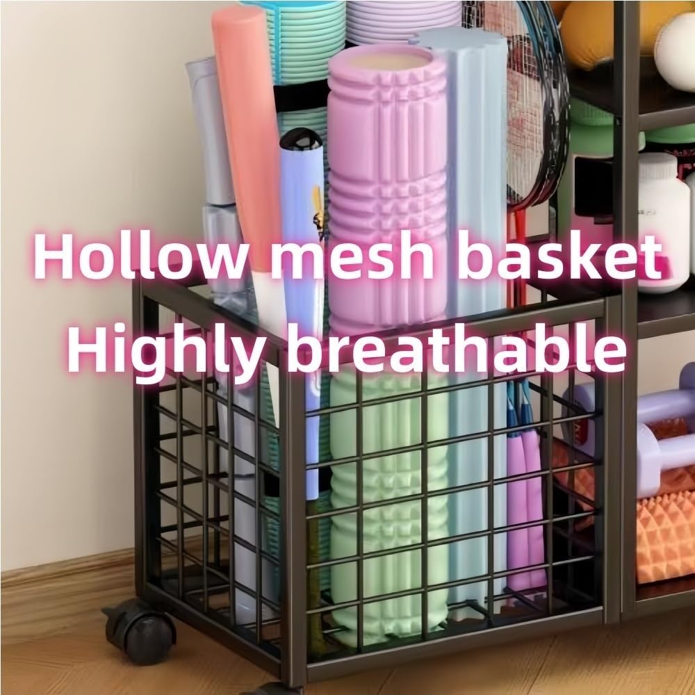 Yoga Mat Storage Basket, Dumbbell Storage Rack with Metal Frame, Equipment Rack with Universal Wheels, Multi-layer Storage Cart for Gym, Living Room