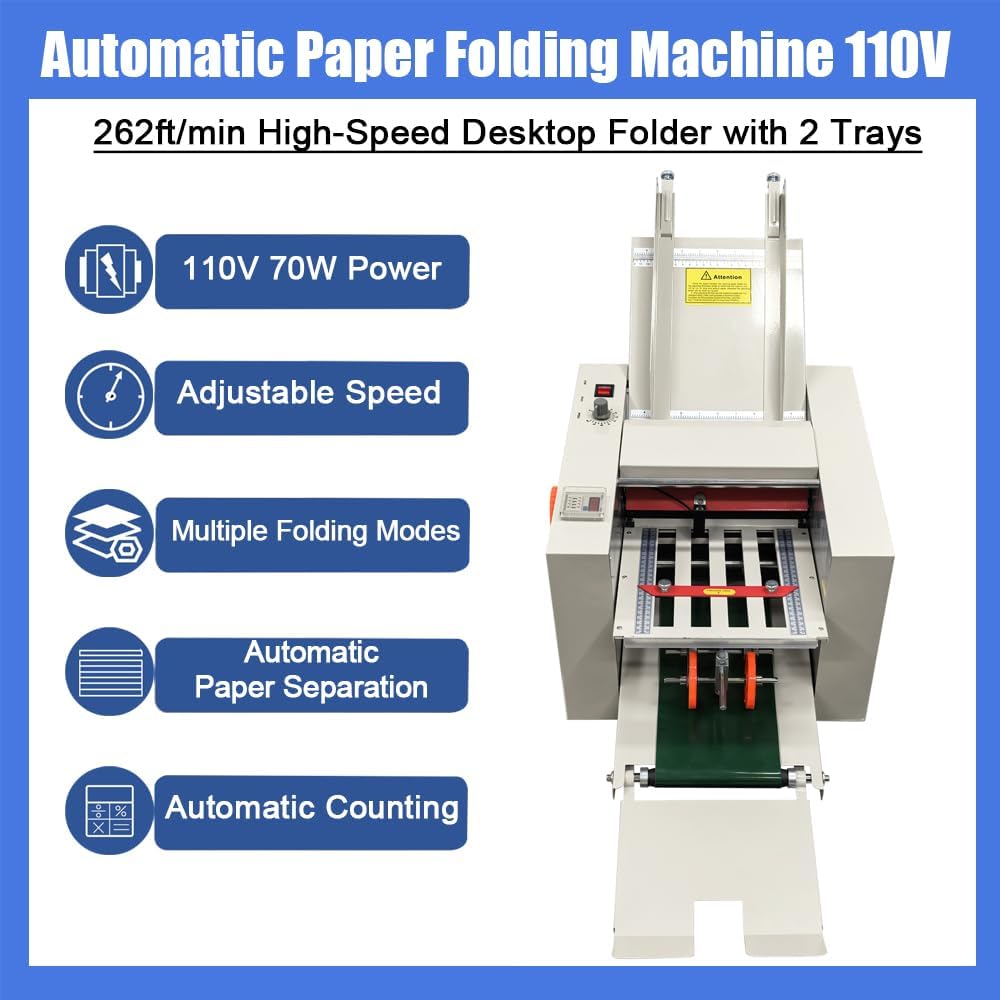Automatic Paper Folding Machine Electric Desktop Document Folder with 2 Trays Max Speed 80m/min for Paper Size 2x2.7in to 8.3x16.5in, with Auto Counter & Speed Control for Brochures Manuals