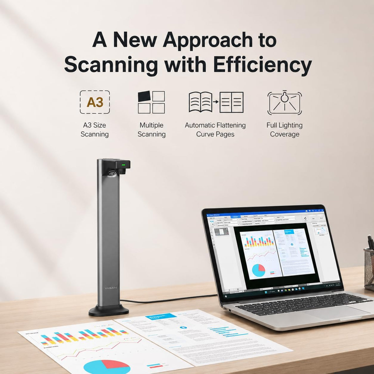 VIISAN DL16 Book Scanner, A3 Overhead Document Scanner with 16MP Camera, 300 DPI, OCR, Auto Page Flattening, Anti-Glare LED Lighting for Books, Archives, Artwork and Large Documents, Windows/Mac