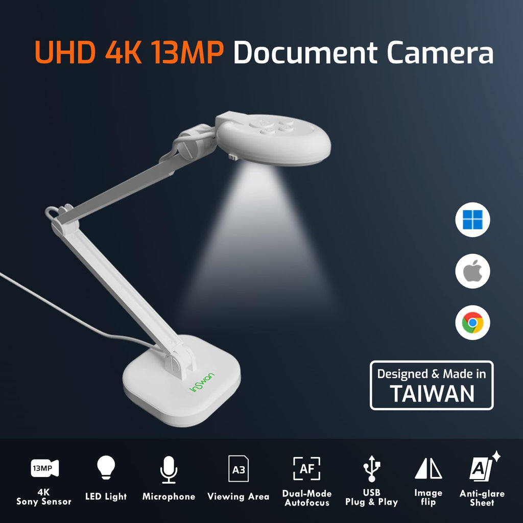 INSWAN INS-Flip 4 Foldable 4K 13MP Document Camera, LED, Mic,Light 0.67 lbs