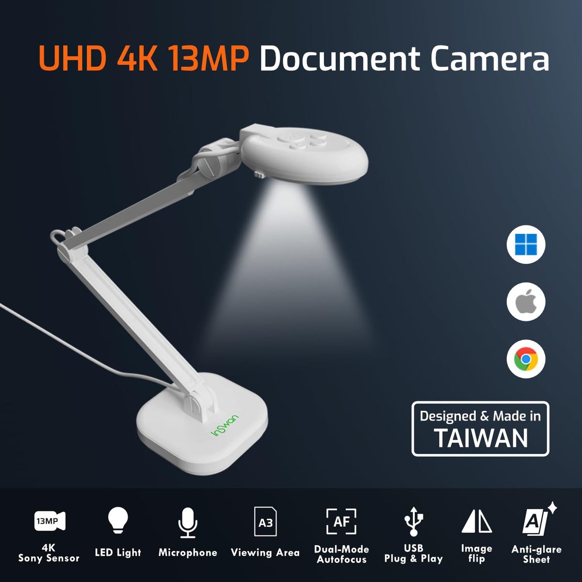 INSWAN INS-Flip 4 Foldable 4K 13MP Document Camera, LED, Mic,Light 0.67 lbs