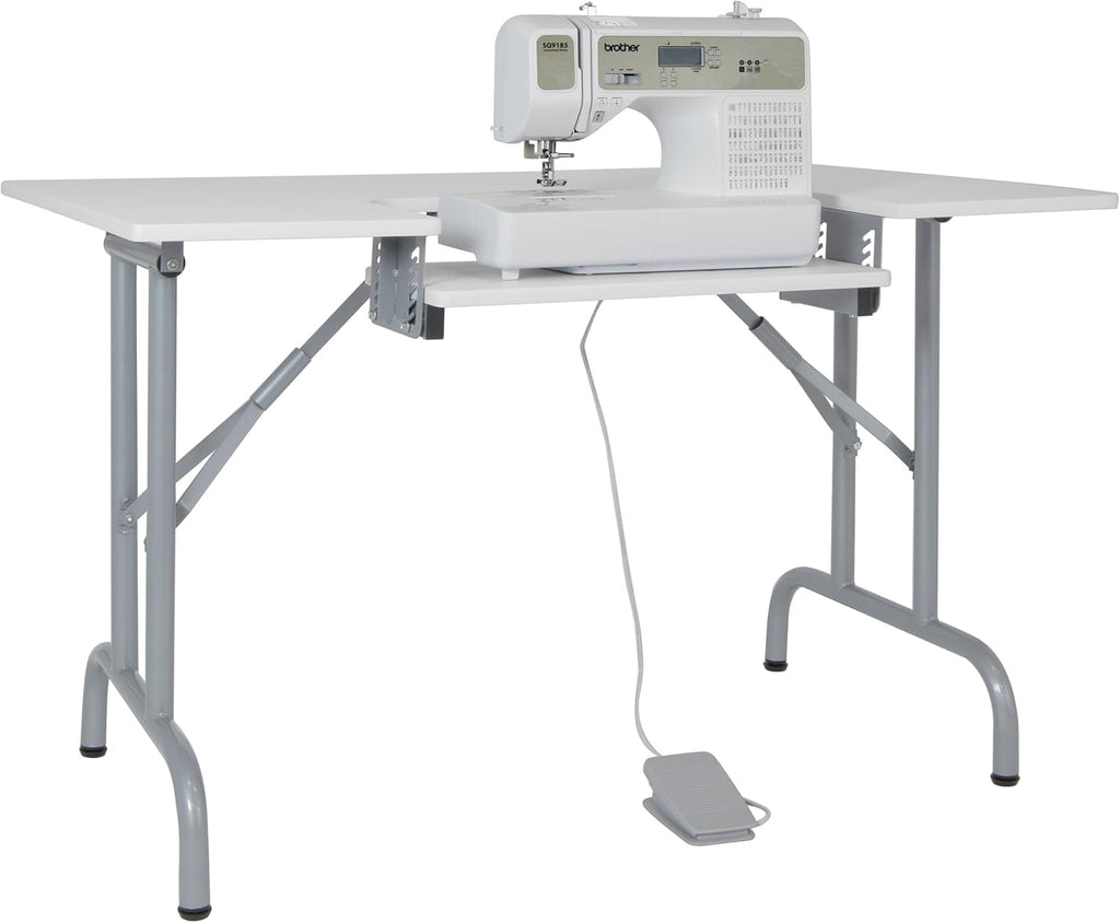Sew Ready Folding Multipurpose Sewing Table - 47.5" W x 28" D Foldable White Hobby and Sewing Machine Table with Adjustable Shelf - Can Also Be Used as Computer Desk
