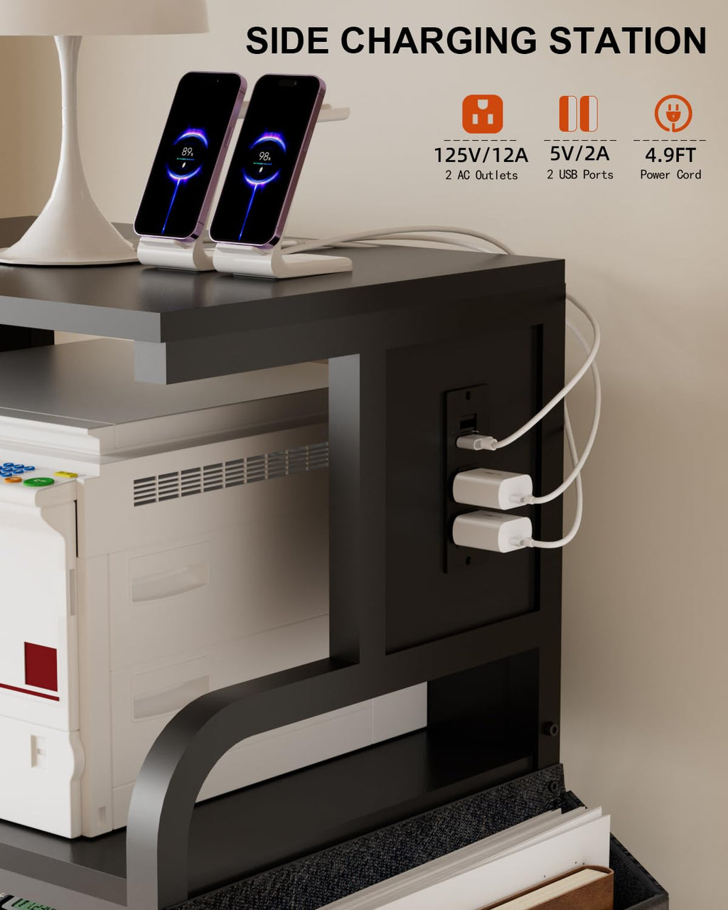 Tall Printer Stand with Charging Station, 4-Tier Mobile Cart, White