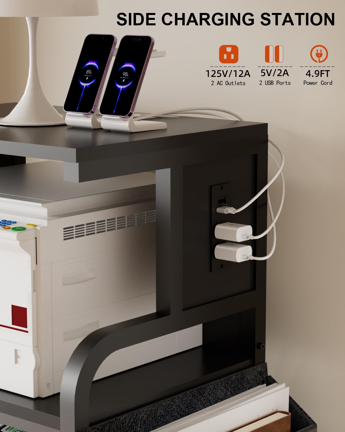 Tall Printer Stand with Charging Station, 4-Tier Mobile Cart, White