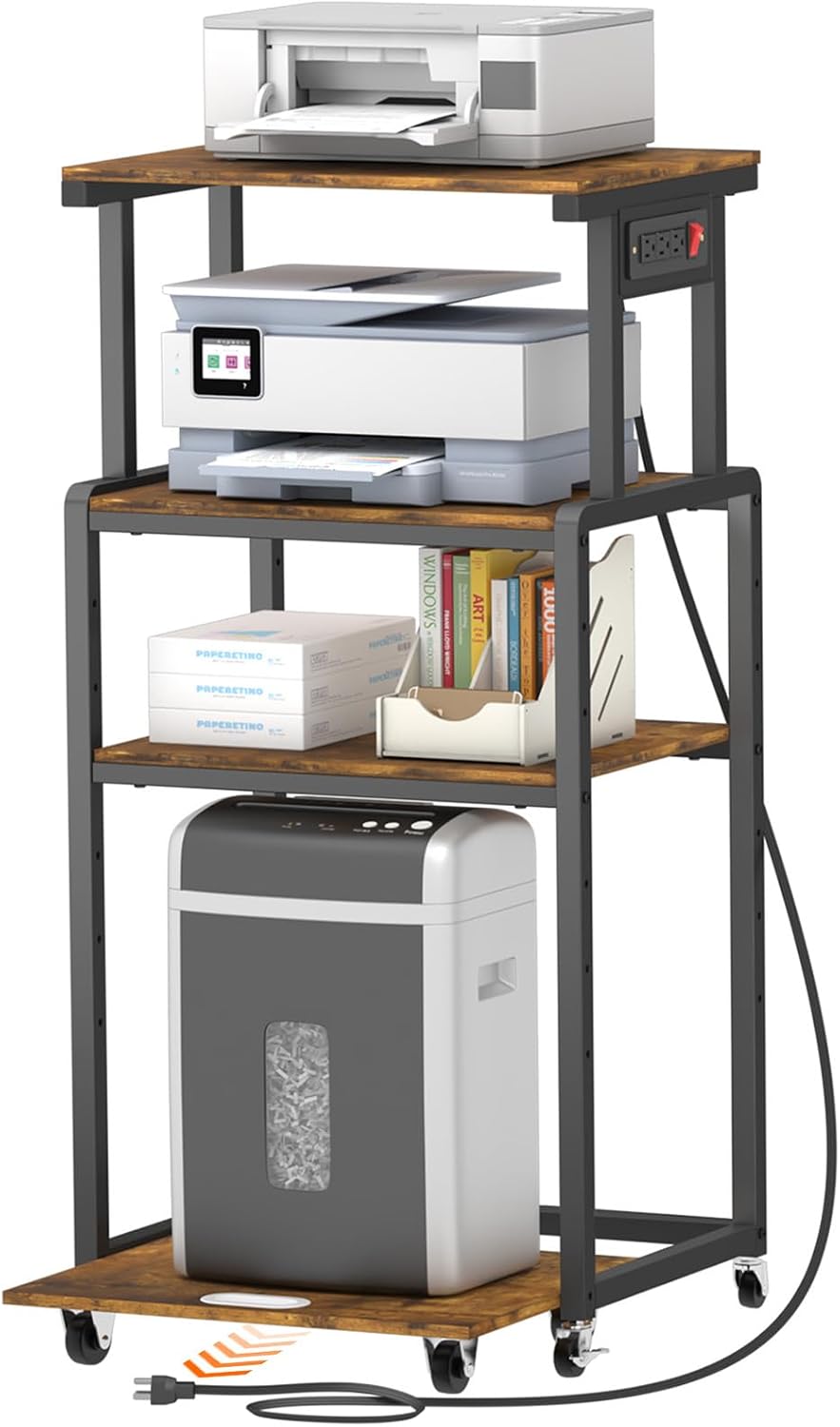 Lifewit 4 Tier Printer Stand with Power & Wheels, Office Cart, Rustic Brown