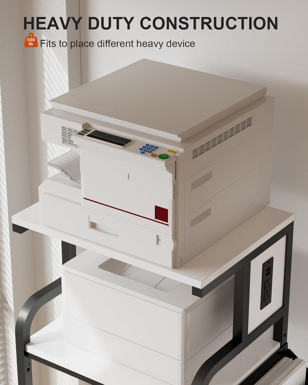 Tall Printer Stand with Charging Station, 4-Tier Mobile Cart, White