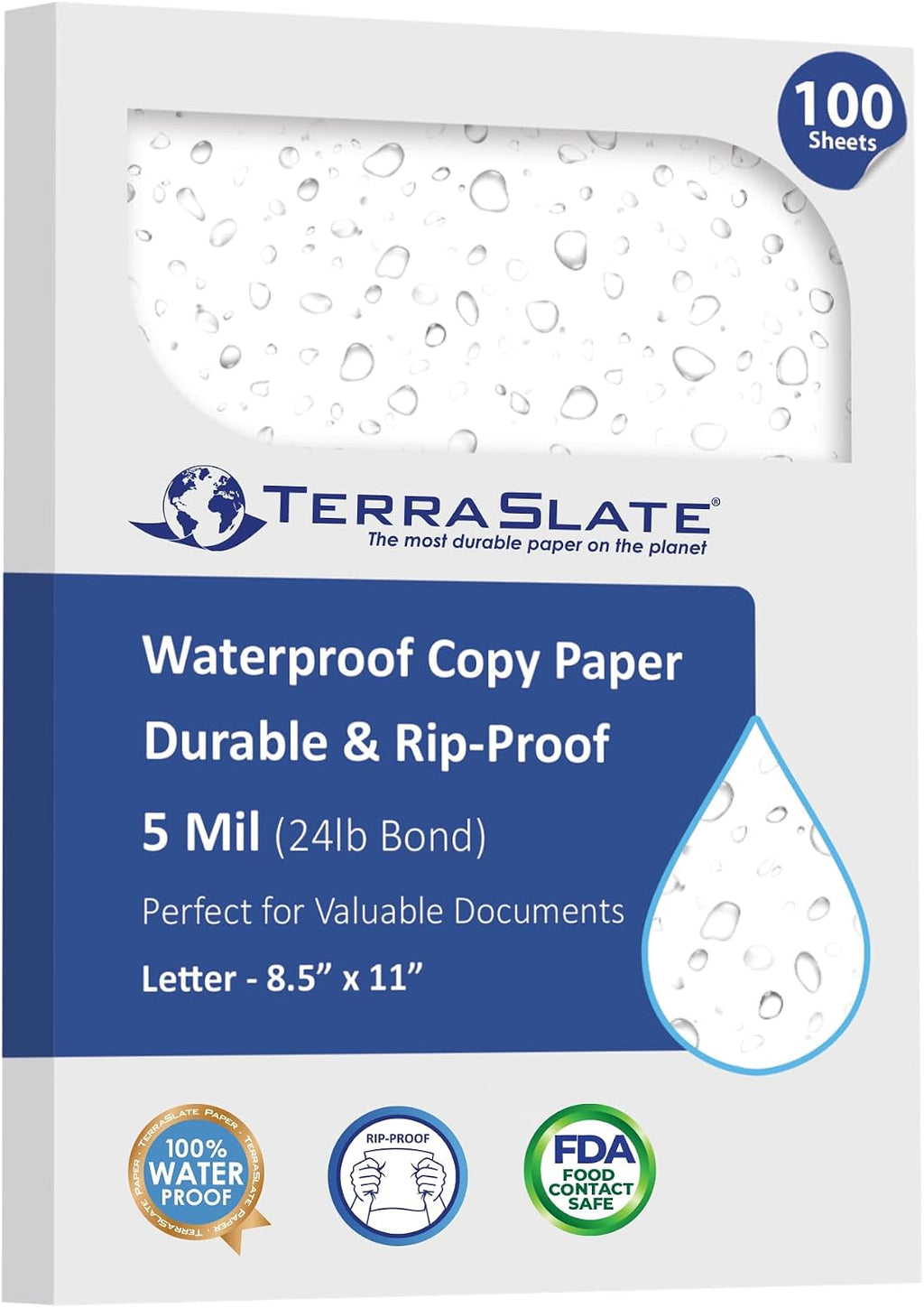 TerraSlate Premium Waterproof Paper, 5 Mil 8.5â x 11â, Laser Printer & Copy Machine Compatible, Durable & Rain/Weather-Proof Copy Paper, White Paper (100 Sheets)