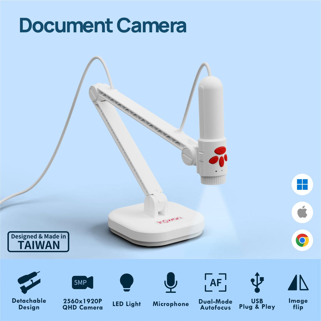INSWAN INS-Flip 4 Foldable 4K 13MP Document Camera, LED, Mic,Light 0.67 lbs