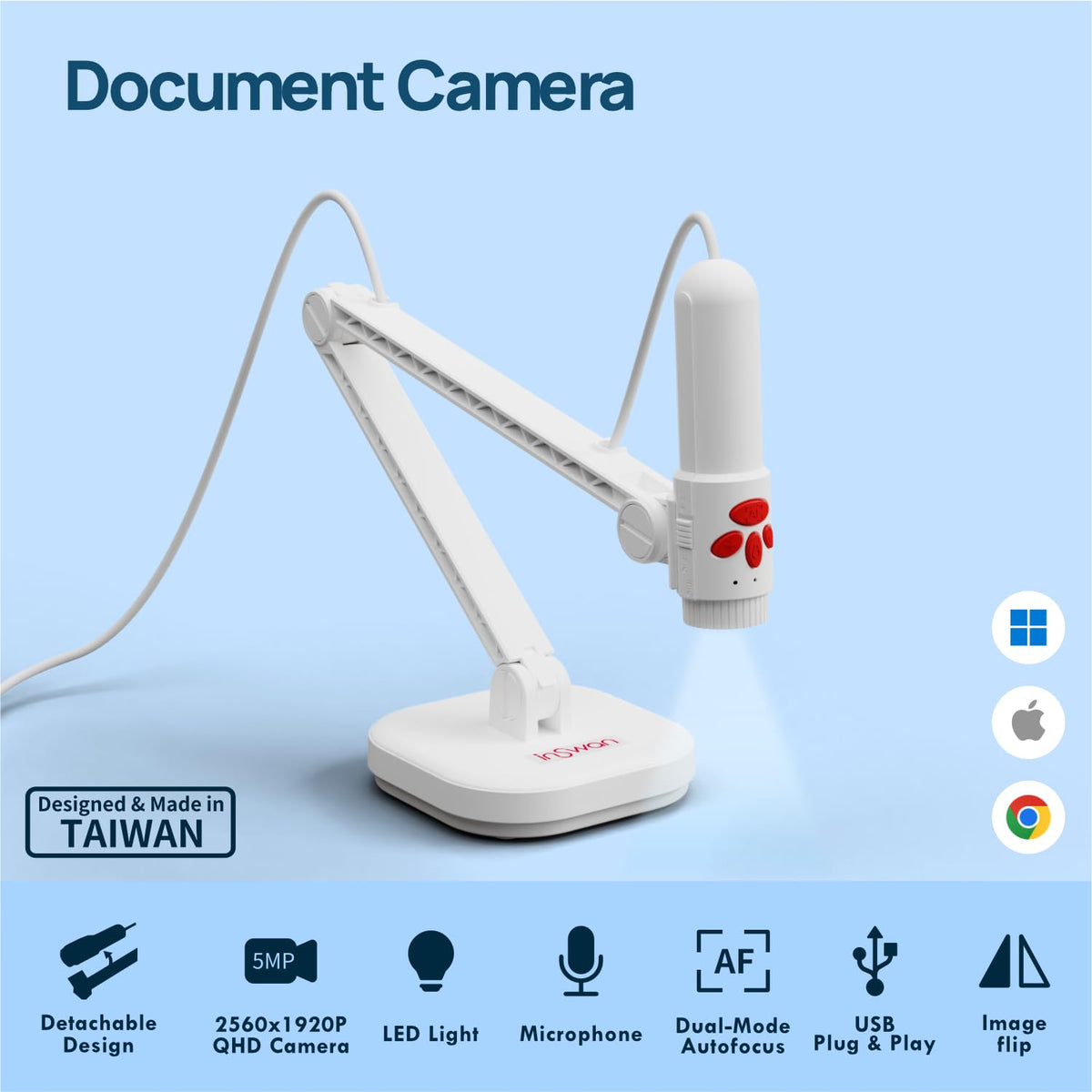 INSWAN INS-Flip 4 Foldable 4K 13MP Document Camera, LED, Mic,Light 0.67 lbs