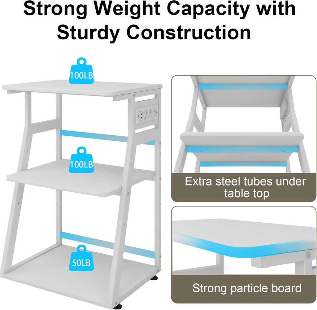 Natwind 3 Tier Large Printer Stand, 24"x20", with Charging Station,White