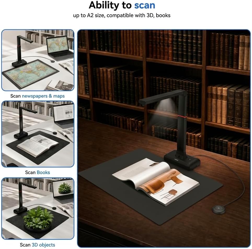 Book Scanner & Document Scanner, 26 MP Super Large Format A3-A2 Document Camera with Auto-Flatten & Fingerprint Removal, 600 DPI OCR, AI-Powered Gemini Integration, Lightweight Foldable, for Win/Mac