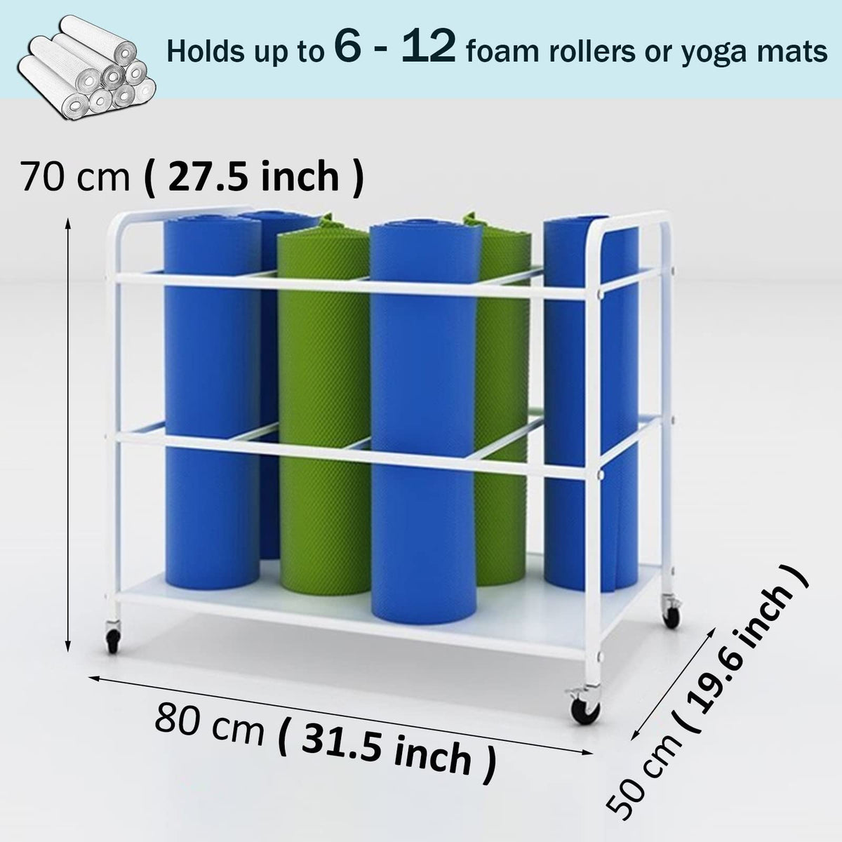Home Gym Yoga Mat Rack - Rolling Foam Roller Storage Cart with Lockable Wheels, Metal Stand for Exercise Mats & Runner Rugs, Black, 31.5"X19.6"X27.5",Black,31.5x19.6x27.5in