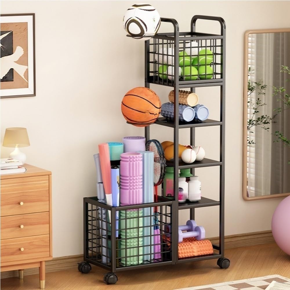 Yoga Mat Storage Basket, Dumbbell Storage Rack with Metal Frame, Equipment Rack with Universal Wheels, Multi-layer Storage Cart for Gym, Living Room