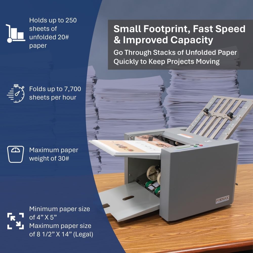 FORMAX FD 314 Desktop Office Folder, Up to 250 Sheets 20 Pound (75gsm) Hopper Capacity, Up to 7700 Sheets per Hour, LCD Control Panel with 3-Digit Resettable Counter