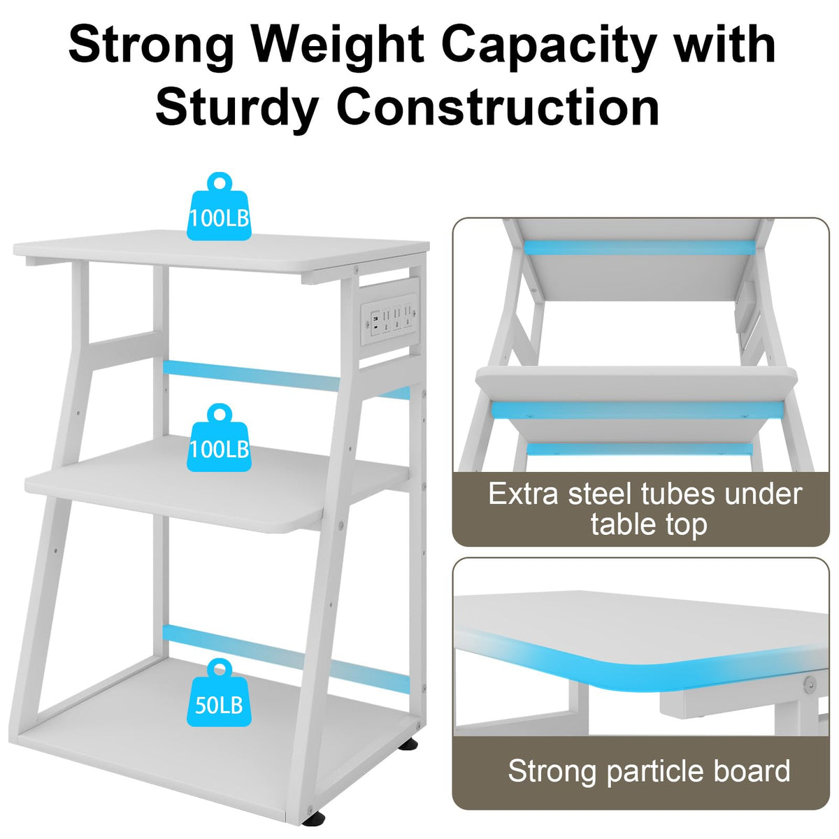Natwind 3 Tier Large Printer Stand, 24"x20", with Charging Station,White