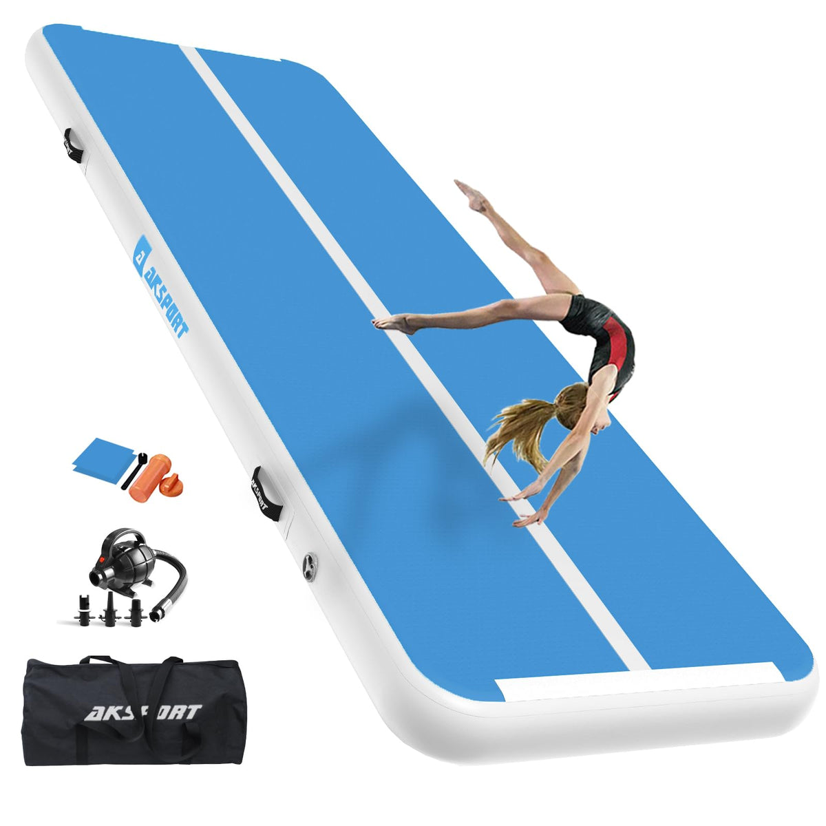 AKSPORT Gymnastics Air Mat Tumble Track Tumbling Mat Inflatable Floor Mats with Air Pump for Home Use/Tumble/Gym/Training/Cheerleading/Parkour/Beach/Park/Water