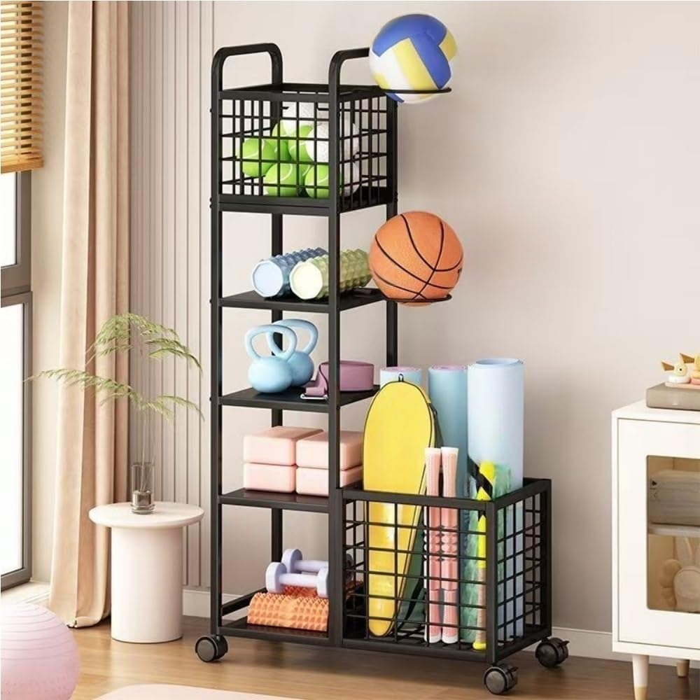Yoga Mat Storage Basket, Dumbbell Storage Rack with Metal Frame, Equipment Rack with Universal Wheels, Multi-layer Storage Cart for Gym, Living Room