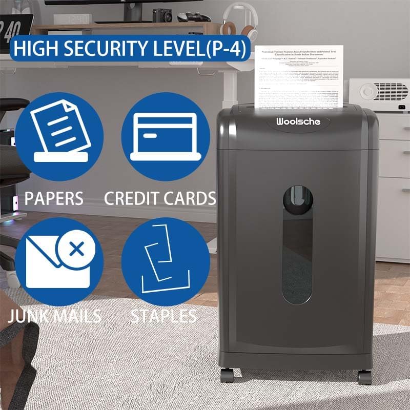 Heavy Duty Document Shredder, 19-Sheet Cross-Cut Paper & Credit Card Shredder with 7.93 Gallon Pullout Bin, 4 Casters, 15-Minute Continuous Run, P-4 Security Level for Home Office, Black