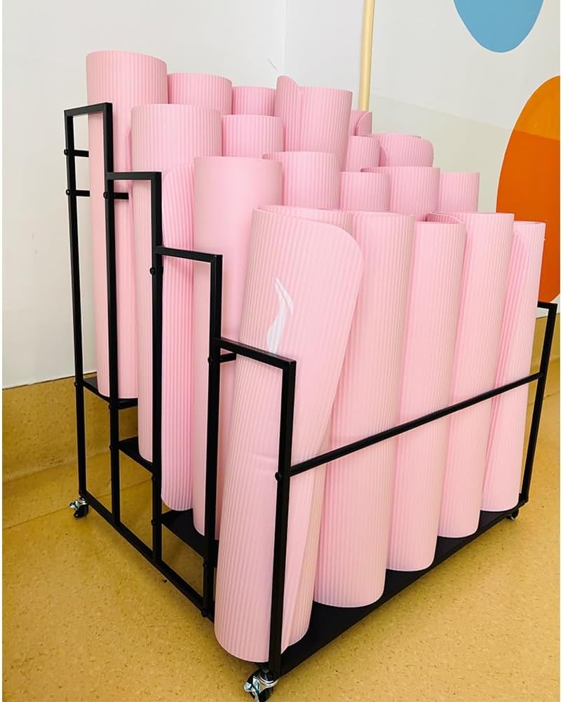 Yoga Mat Holder Basket, Large Yoga Mat Storage Cart with Wheels, Yoga Mat Rack Foam Rollers Organizer, Commercial Rack for Yoga Mat Foam Roller Storage for Gym/Yoga Studio Hold 30 Exercise Mats(Black,
